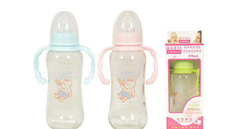 愛兒得樂250ml標(biāo)口弧形帶把柄玻璃奶瓶