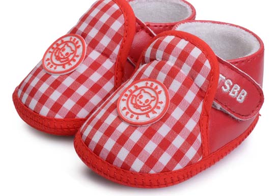 天使之嬰格子布+PUyoue步前鞋紅色
