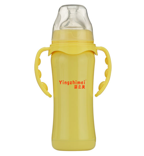 嬰之美寬口雙耳自動不銹鋼保溫奶瓶180ML黃色