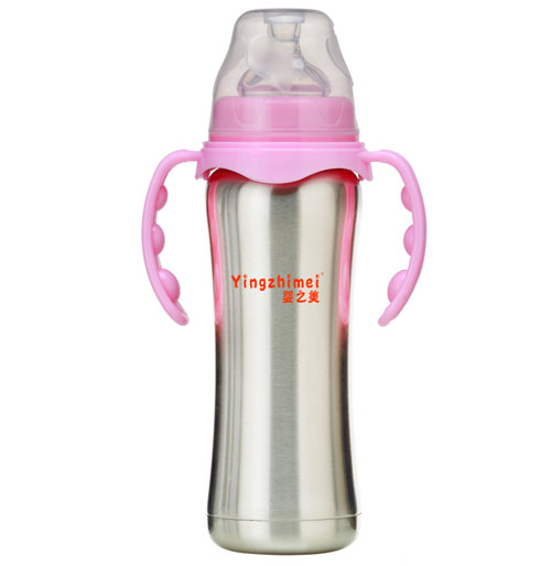 嬰之美寬口雙耳自動(dòng)不銹鋼保溫奶瓶220ML粉色
