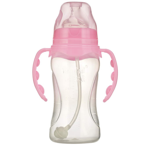 嬰之美寬口雙耳自動弧形PP奶瓶300ML粉色