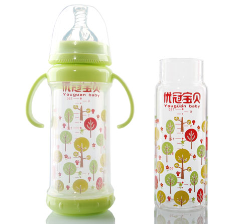 優(yōu)冠寶貝雙層玻璃奶瓶210ml綠色
