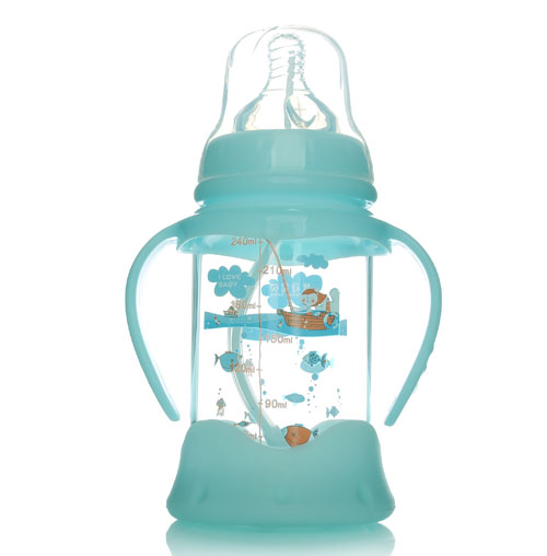 優(yōu)冠寶貝防摔寬口帶柄自動(dòng)玻璃奶瓶240ml藍(lán)色