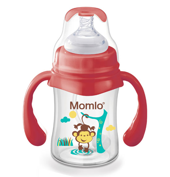 苗苗樂(lè)帶手柄玻璃奶瓶紅色
