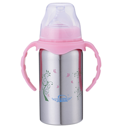 天使貝貝帶手柄兒童不銹鋼奶瓶粉色