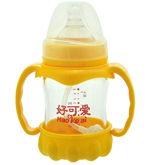 好可愛寬口自動(dòng)吸管手柄弧形晶鉆玻璃奶瓶120ML