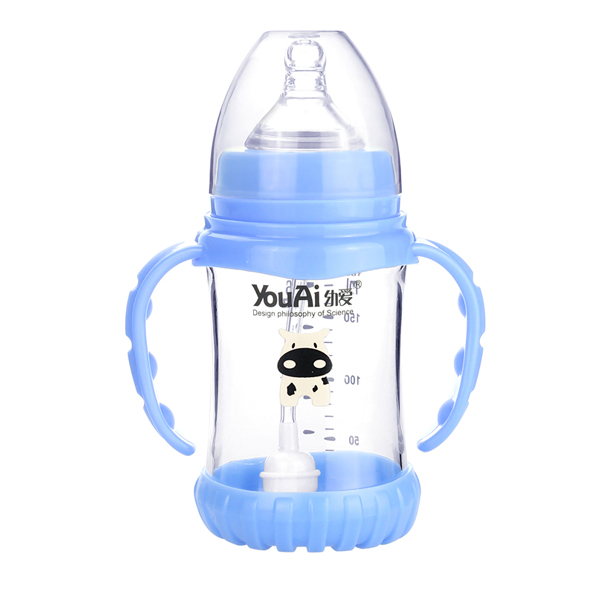 幼愛帶柄自動(dòng)吸防摔感溫晶鉆玻璃寬口奶瓶180ml
