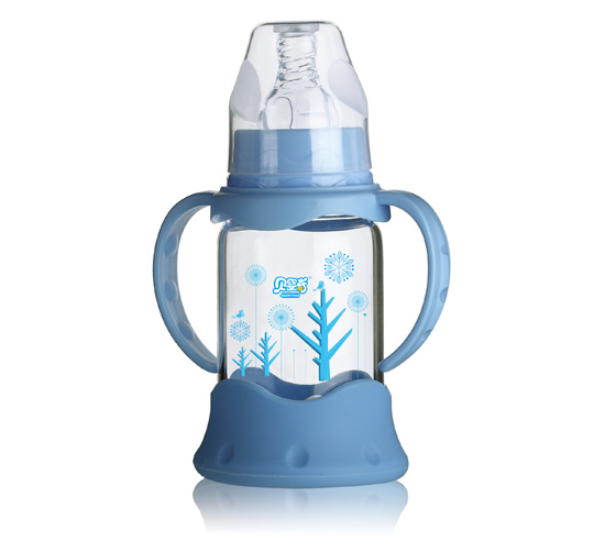 貝嬰奇120m防爆感溫標口晶鉆玻璃奶瓶-藍色