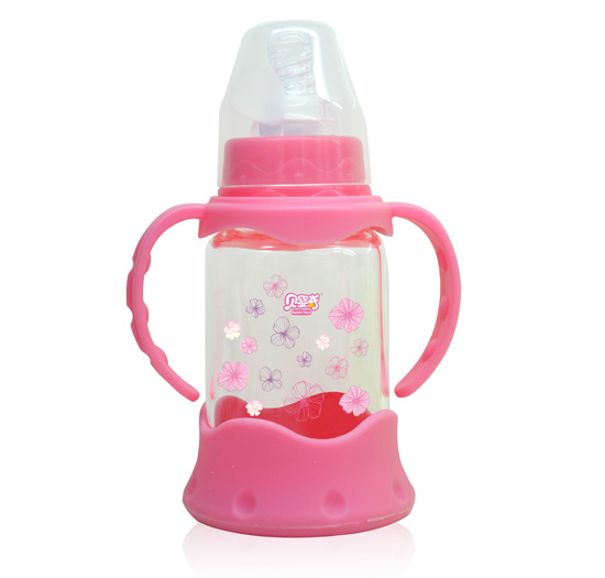 貝嬰奇120m防爆感溫標口晶鉆玻璃奶瓶-粉色