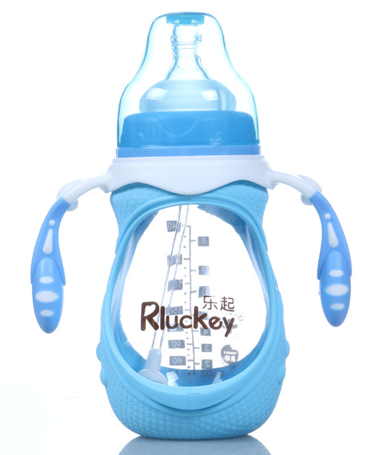 樂起240ml防摔玻璃奶瓶藍色