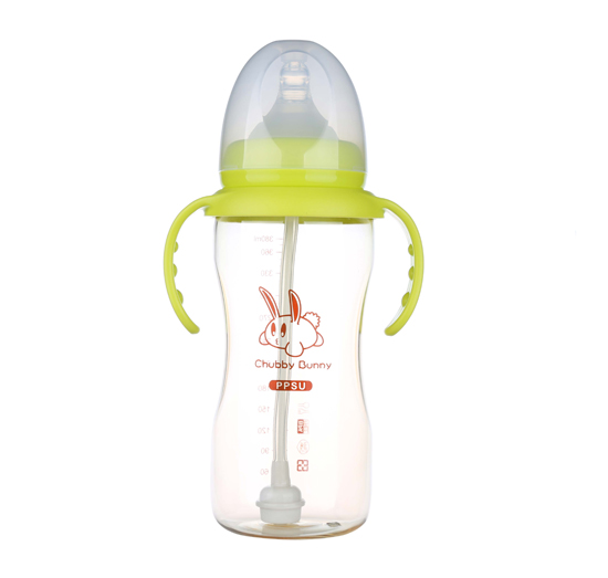 丘比兔PPSU寬口徑葫蘆型自動(dòng)把手奶瓶380ML青色