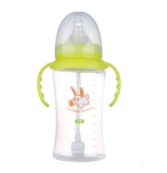 丘比兔PP寬口徑葫蘆型自動(dòng)把手奶瓶300ML青色