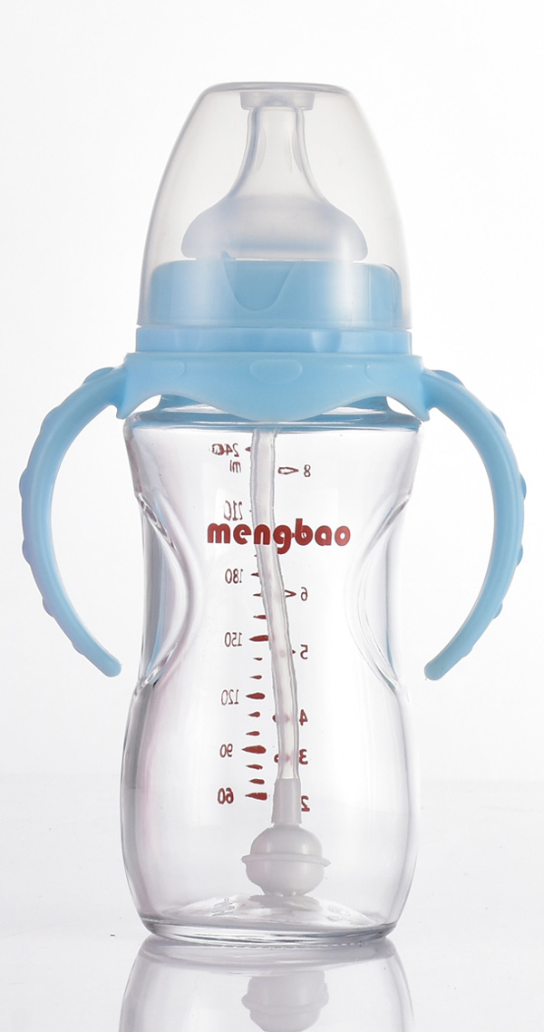 盟寶有吸管玻璃奶瓶240ml-藍(lán)色