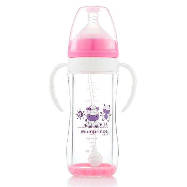 媽咪王子防爆晶鉆玻璃寬口220ml自動吸奶瓶 粉色