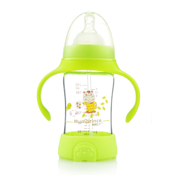 媽咪王子防摔晶鉆玻璃自動吸寬口200ml奶瓶 綠色