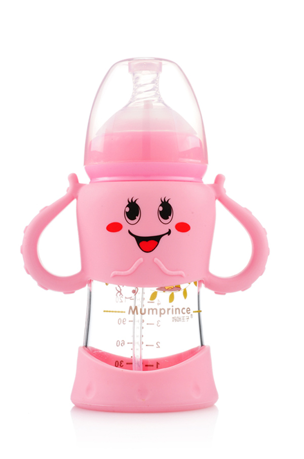 媽咪王子寬口晶鉆玻璃自動吸卡通奶瓶200ml 粉色