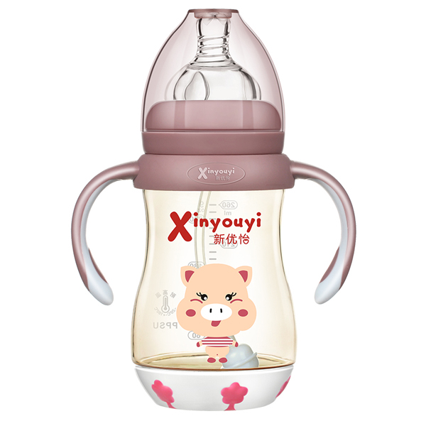新優(yōu)怡寬口弧形帶底座有柄自動ppsu奶瓶260ml 咖色