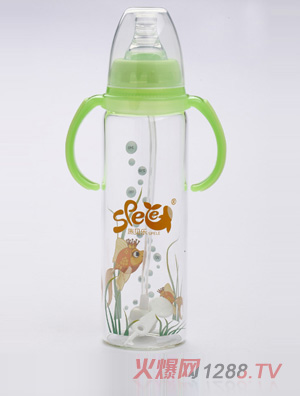 施貝樂(lè)綠色標(biāo)口弧形帶柄玻璃奶瓶240ml