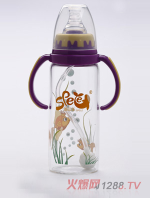 施貝樂(lè)紫色標(biāo)口弧形帶柄玻璃奶瓶180ml