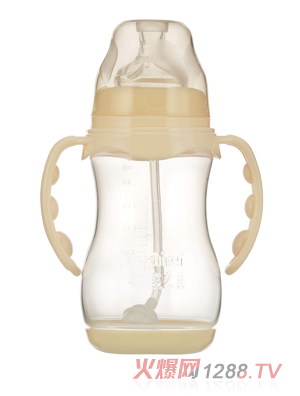 嬰之美寬口雙耳自動圓弧PP奶瓶帶底300ML乳白色