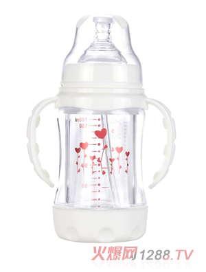 幼愛帶柄自動(dòng)吸晶鉆防爆玻璃寬口奶瓶160ml