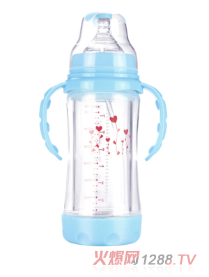 幼愛帶柄自動(dòng)吸晶鉆防爆玻璃寬口奶瓶220ml