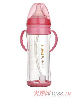 功夫寶貝晶鉆玻璃寬口防摔自動小奶瓶紅色