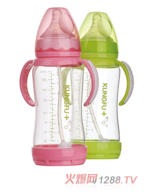 功夫寶貝晶鉆玻璃寬口徑防脹氣自動奶瓶