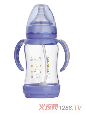 功夫寶貝晶鉆玻璃寬口徑防脹氣自動奶瓶紫色