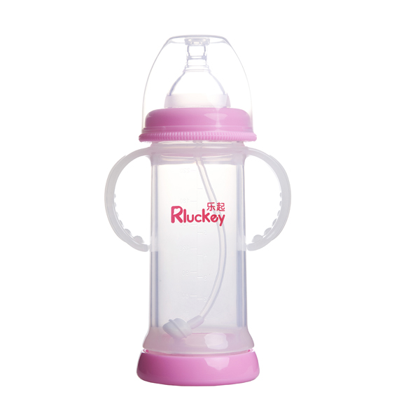 樂起寬口雙層防爆有耳自動(dòng)晶鉆玻璃底部透氣奶瓶220ml粉色